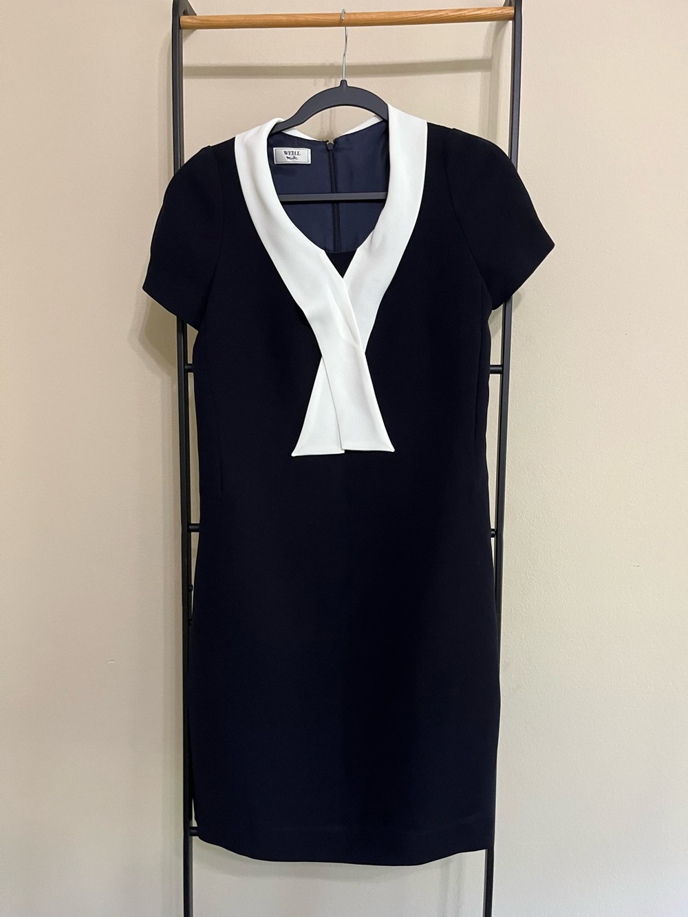 WEILL Paris Black Short Sleeve V-Neck Dress White Collar Contrast Luxury 6